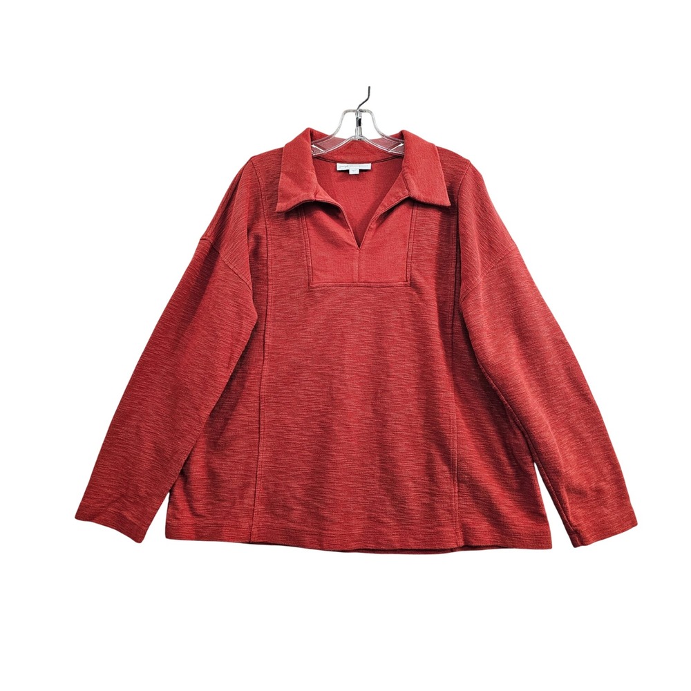 Pure Jill Pullover Top Womens Large Red Organic Cotton Slub Knit V Neck Tunic L